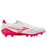 Mizuno Morelia Neo IV Elite FG soccer cleat in white with a pink logo and a bright pink firm ground soleplate.