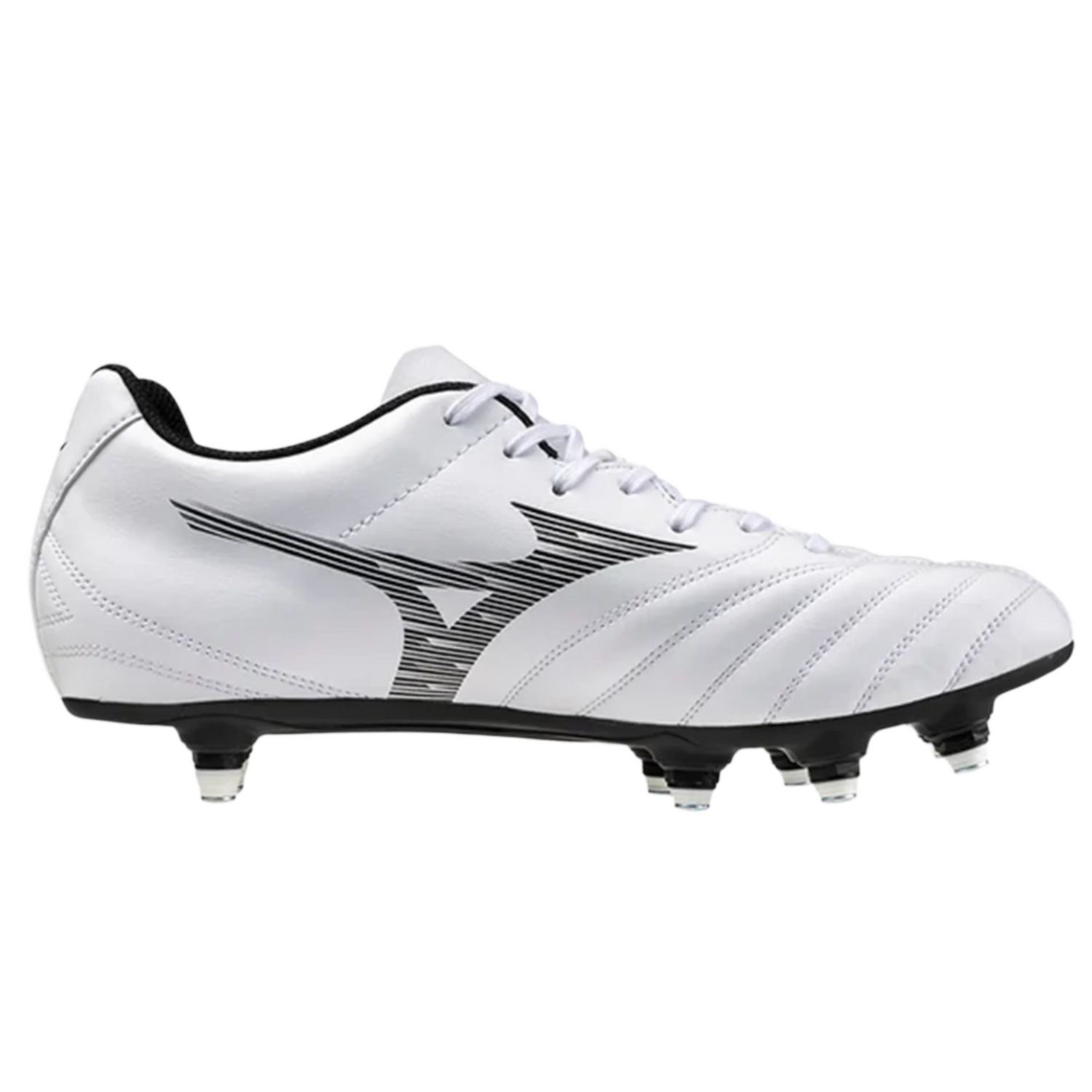The Mizuno Monarcida Neo III Select SG football boot in white/black features a black logo, soft synthetic leather upper, and a sole with six metal studs.