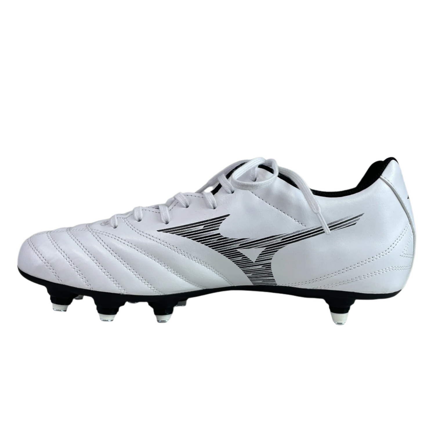 The Mizuno Monarcida Neo III Select SG football boot in White/Black features a soft synthetic leather upper, black accents, a bold side logo, and molded studs for excellent traction.