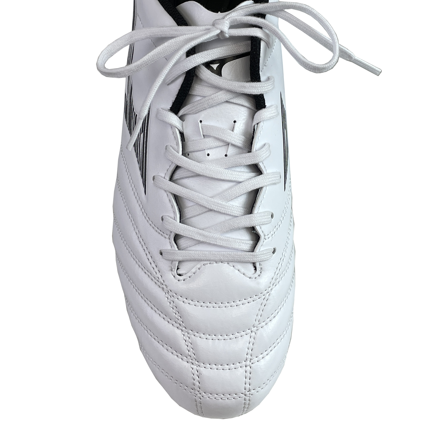 The Mizuno Monarcida Neo III Select SG football boot in White/Black features soft synthetic leather, white laces, black accents, and visible stitching on the toe and sides, shown here from above.