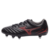 The Mizuno Monarcida Neo III Select SG - Black/Morelia 40th Anniversary Red soccer cleat features a synthetic leather upper, red logo and "MONARCIDA NEO" text, and metal studs for soft ground performance.