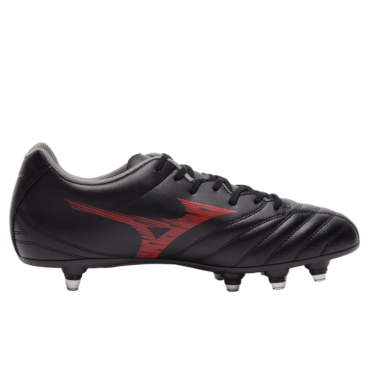 The Mizuno Monarcida Neo III Select SG in Black/Morelia 40th Anniversary Red features a synthetic leather upper, metal studs, and a red logo on the side—perfect soft ground soccer cleats viewed from the left profile.