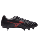 The Mizuno Monarcida Neo III Select SG in Black/Morelia 40th Anniversary Red features a synthetic leather upper, metal studs, and a red logo on the side—perfect soft ground soccer cleats viewed from the left profile.