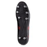 Close-up of the black sole of the Mizuno Monarcida Neo III Select SG (Black/Morelia 40th Anniversary Red) soccer cleat, showing six metal studs for firm ground and a synthetic leather upper. Brand: Mizuno.