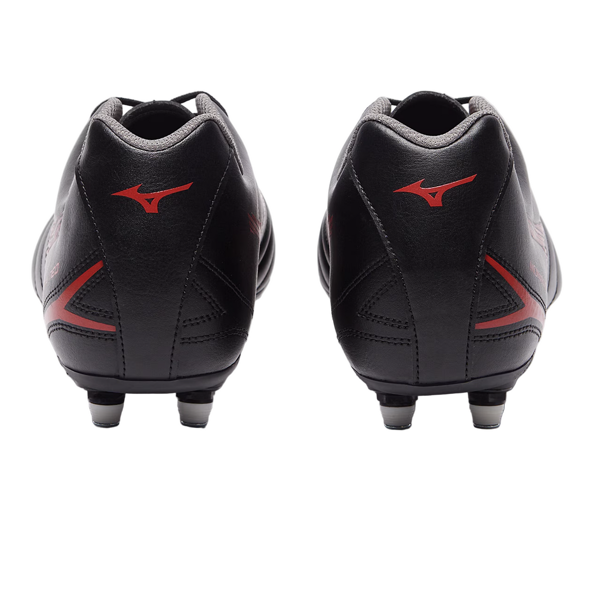 A pair of Mizuno Monarcida Neo III Select SG boots in Black/Morelia 40th Anniversary Red, featuring the iconic red Mizuno logos, are shown from the back with visible studs on the synthetic leather uppers.