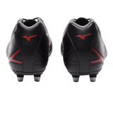 A pair of Mizuno Monarcida Neo III Select SG boots in Black/Morelia 40th Anniversary Red, featuring the iconic red Mizuno logos, are shown from the back with visible studs on the synthetic leather uppers.