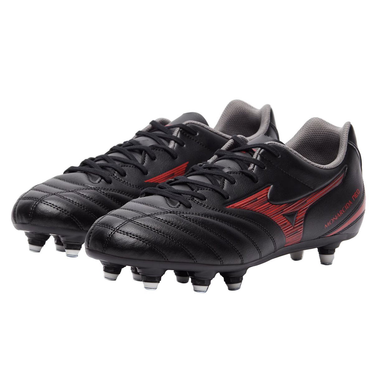 The Mizuno Monarcida Neo III Select SG football boots in black with Morelia 40th Anniversary Red accents feature metal studs and a synthetic leather upper, shown on a white background.