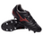 A pair of Mizuno Monarcida Neo III Select SG football boots in Black/Morelia 40th Anniversary Red, one upright and one on its side showing metal studs on the synthetic leather upper sole.