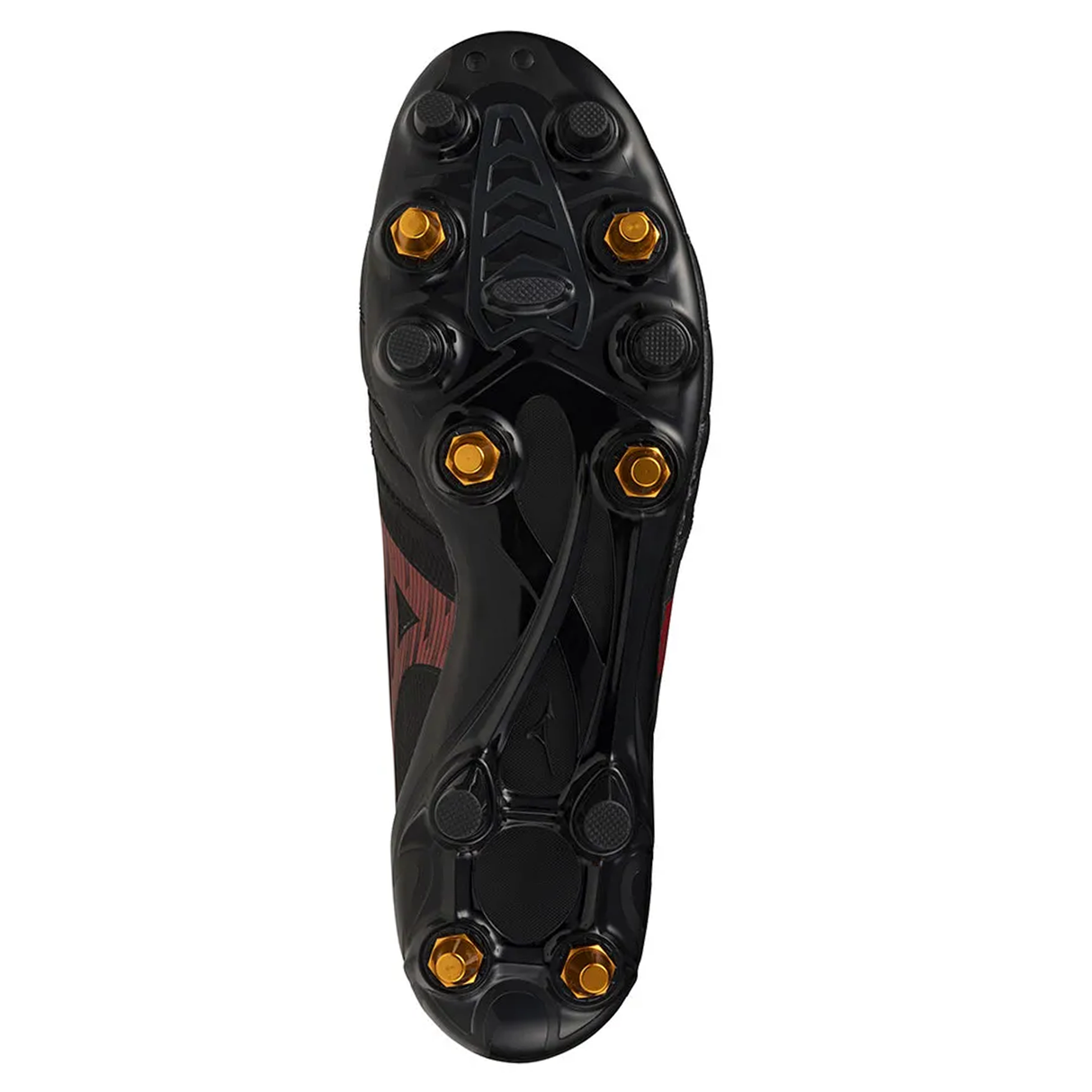 A close-up of the sole of the Mizuno Neo IV Beta Elite AG football boot in Black/Morelia 40th Red/Black, showing six gold metal studs and extra molded studs for traction.