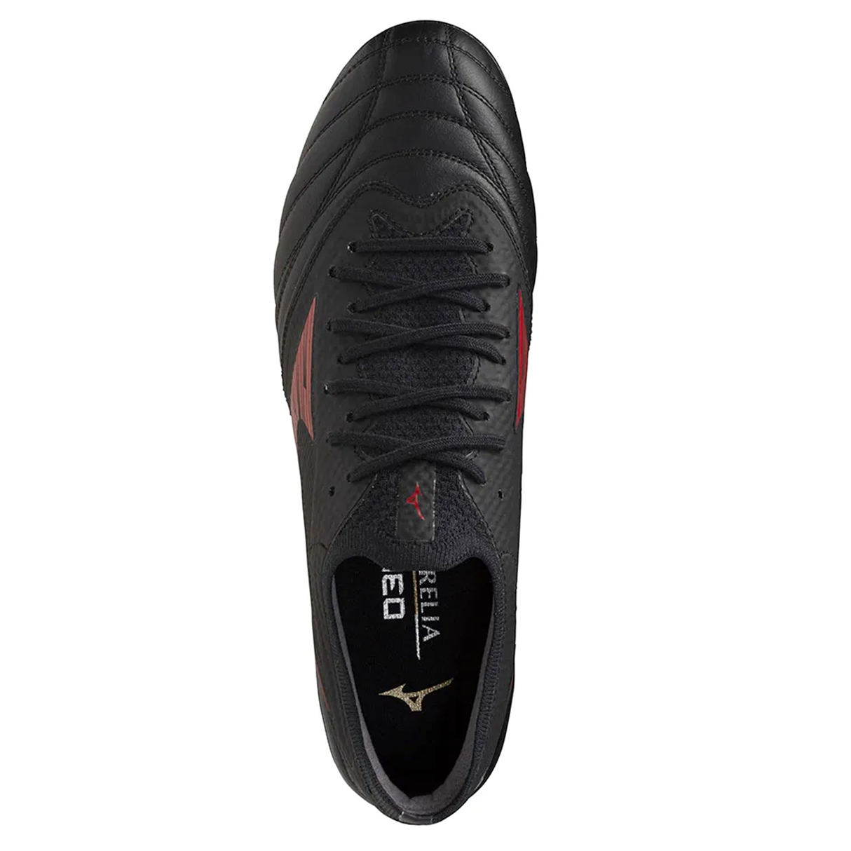 The Mizuno Neo IV Beta Elite AG football boot in Black/Morelia 40th Red/Black features premium K-Leather, red accents, visible laces, and Mizuno branding on the insole and side, viewed from above.