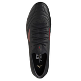 The Mizuno Neo IV Beta Elite AG football boot in Black/Morelia 40th Red/Black features premium K-Leather, red accents, visible laces, and Mizuno branding on the insole and side, viewed from above.