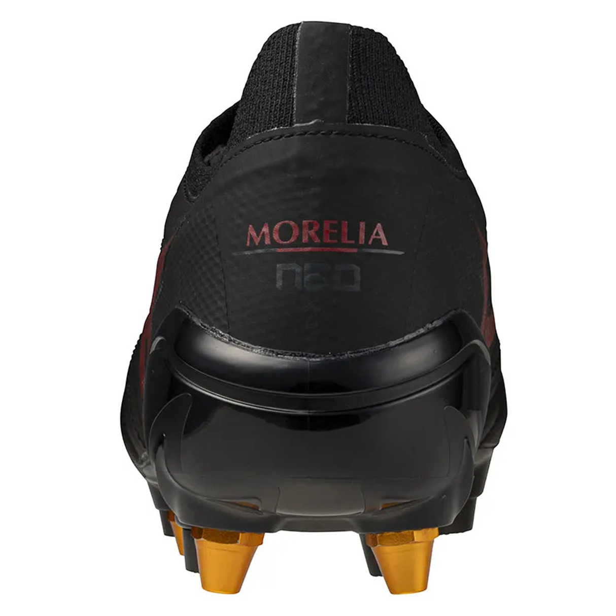 Rear view of a black Mizuno Neo IV Beta Elite AG boot with "MORELIA neo" text, glossy heel, and gold studs, in Black/Morelia 40th Red/Black colorway.