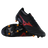A pair of Mizuno Neo IV Beta Elite AG football boots in Black/Morelia 40th Red/Black, with one shoe upright and the other on its side showing gold studs and the sole.
