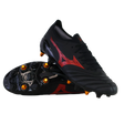 A pair of Mizuno Neo IV Beta Elite AG football boots in Black/Morelia 40th Red/Black, with one shoe upright and the other on its side showing gold studs and the sole.