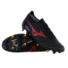 A pair of Mizuno Neo IV Beta Elite AG football boots in Black/Morelia 40th Red/Black, with one shoe upright and the other on its side showing gold studs and the sole.