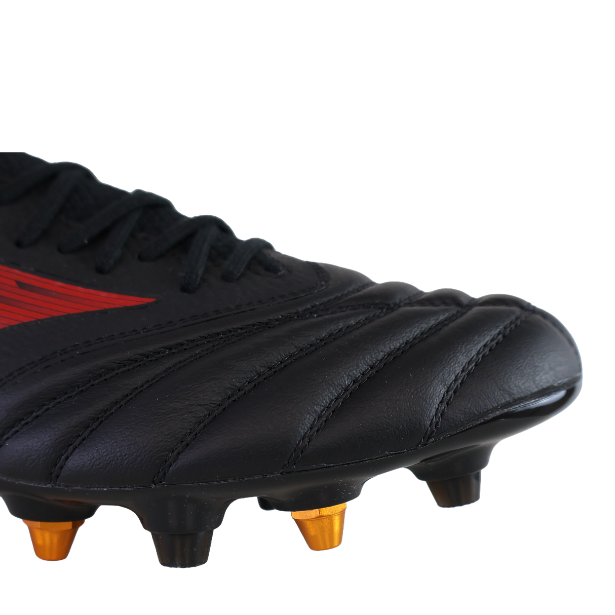 Close-up of the Mizuno Neo IV Beta Elite AG football boot in Black/Morelia 40th Red/Black, featuring black K-Leather, red detailing, and orange-tipped studs.