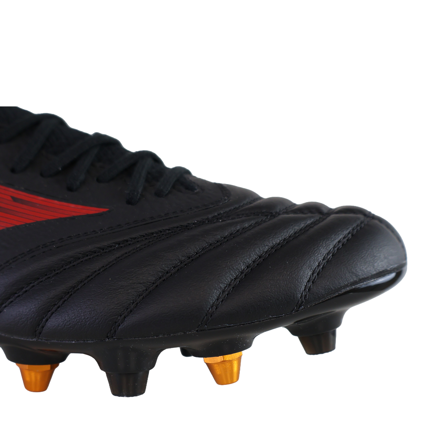 Close-up of the Mizuno Neo IV Beta Elite AG football boot in Black/Morelia 40th Red/Black, featuring black K-Leather, red detailing, and orange-tipped studs.