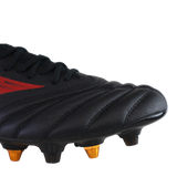 Close-up of the Mizuno Neo IV Beta Elite AG football boot in Black/Morelia 40th Red/Black, featuring black K-Leather, red detailing, and orange-tipped studs.