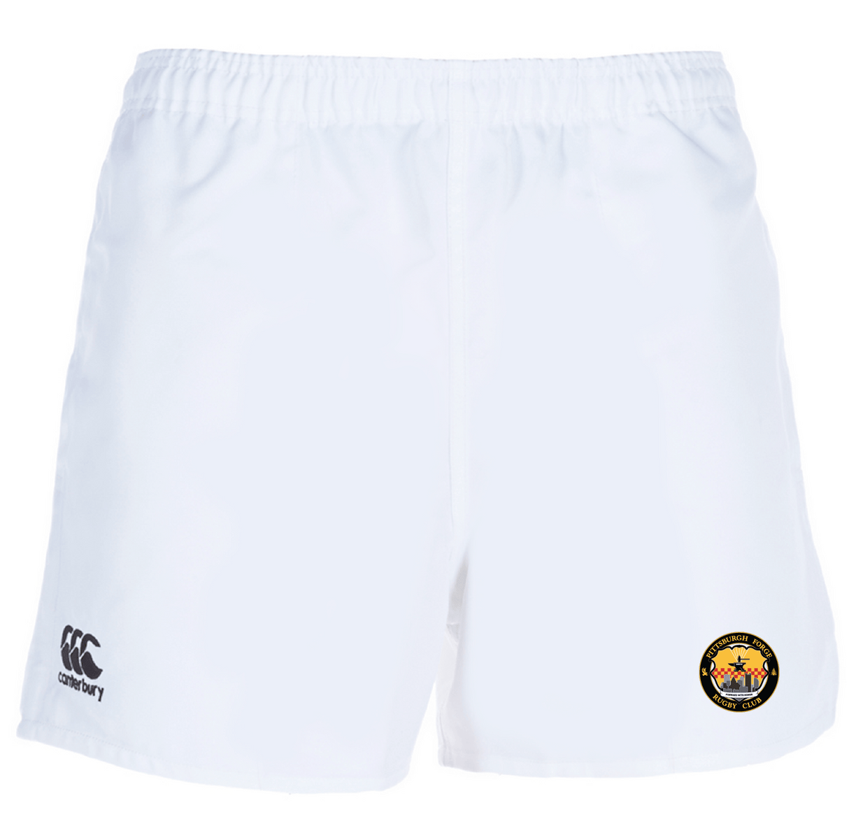 Made from recycled fabric, these white Pittsburgh Forge Player's Drill Shorts by EMB Canterbury feature dual logos: the iconic Canterbury logo and a multicolored emblem.