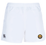Made from recycled fabric, these white Pittsburgh Forge Player's Drill Shorts by EMB Canterbury feature dual logos: the iconic Canterbury logo and a multicolored emblem.