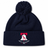 Navy blue pom-pom Philly Whitemarsh RFC Pom Pom Beanie by Canterbury with a cuff featuring an embroidered Liberty Bell icon, a kangaroo silhouette, and the text “Philly-Whitemarsh 1985.”.