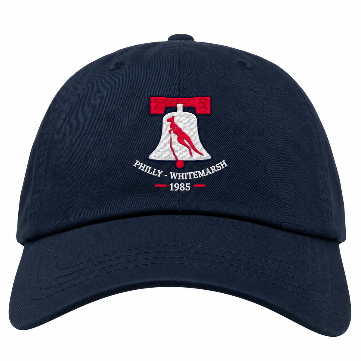 Philly Whitemarsh RFC Adult Low-Profile Cotton Twill Dad Cap in navy blue, embroidered with a white bell logo featuring a red kangaroo silhouette and the text “PHILLY - WHITEMARSH” and “1985.”.