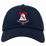 Philly Whitemarsh RFC Adult Low-Profile Cotton Twill Dad Cap in navy blue, embroidered with a white bell logo featuring a red kangaroo silhouette and the text “PHILLY - WHITEMARSH” and “1985.”.