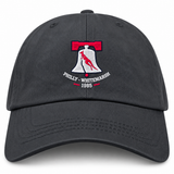 Philly Whitemarsh RFC Adult Low-Profile Cotton Twill Dad Cap in dark gray, featuring an embroidered logo of a bell containing a kangaroo with “PHILLY - WHITEMARSH 1985” text underneath.