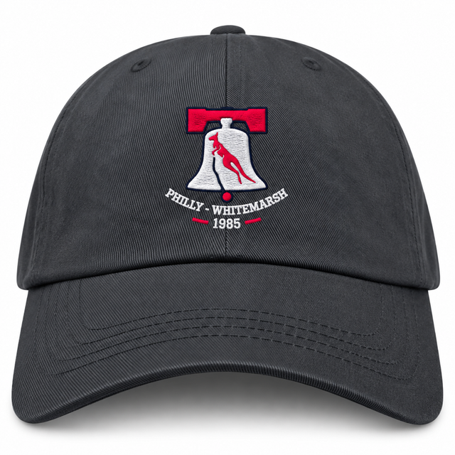 Philly Whitemarsh RFC Adult Low-Profile Cotton Twill Dad Cap in dark gray, featuring an embroidered logo of a bell containing a kangaroo with “PHILLY - WHITEMARSH 1985” text underneath.