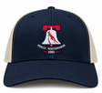 Philly Whitemarsh RFC Retro Trucker Cap in navy blue and beige, featuring an embroidered Liberty Bell silhouette, a red kangaroo, and the text “Philly-Whitemarsh 1985.”.