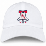 Philly Whitemarsh RFC Adult Low-Profile Cotton Twill Dad Cap in white cotton twill with an embroidered Liberty Bell logo containing a red kangaroo silhouette and “Philly - Whitemarsh 1985” text.