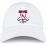 Philly Whitemarsh RFC Adult Low-Profile Cotton Twill Dad Cap in white cotton twill with an embroidered Liberty Bell logo containing a red kangaroo silhouette and “Philly - Whitemarsh 1985” text.