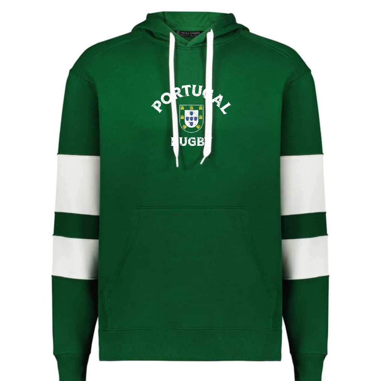The WRS Augusta Nations of Rugby Portugal Jackson Way Hoodie features white drawstrings, two white sleeve stripes, and "Portugal Rugby" plus a crest on the chest.