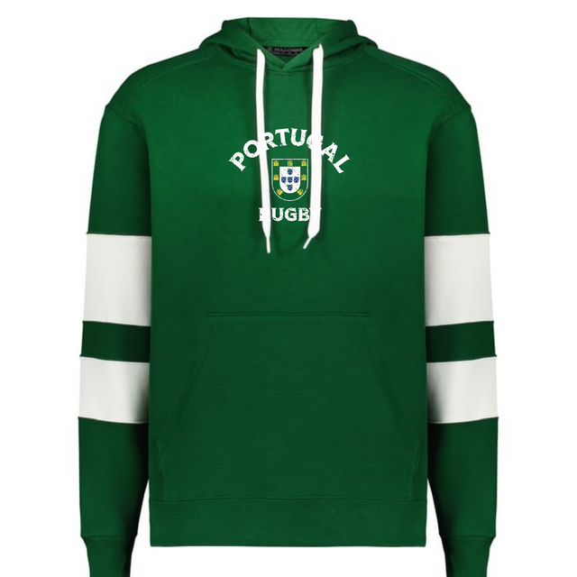 The WRS Augusta Nations of Rugby Portugal Jackson Way Hoodie features white drawstrings, two white sleeve stripes, and "Portugal Rugby" plus a crest on the chest.