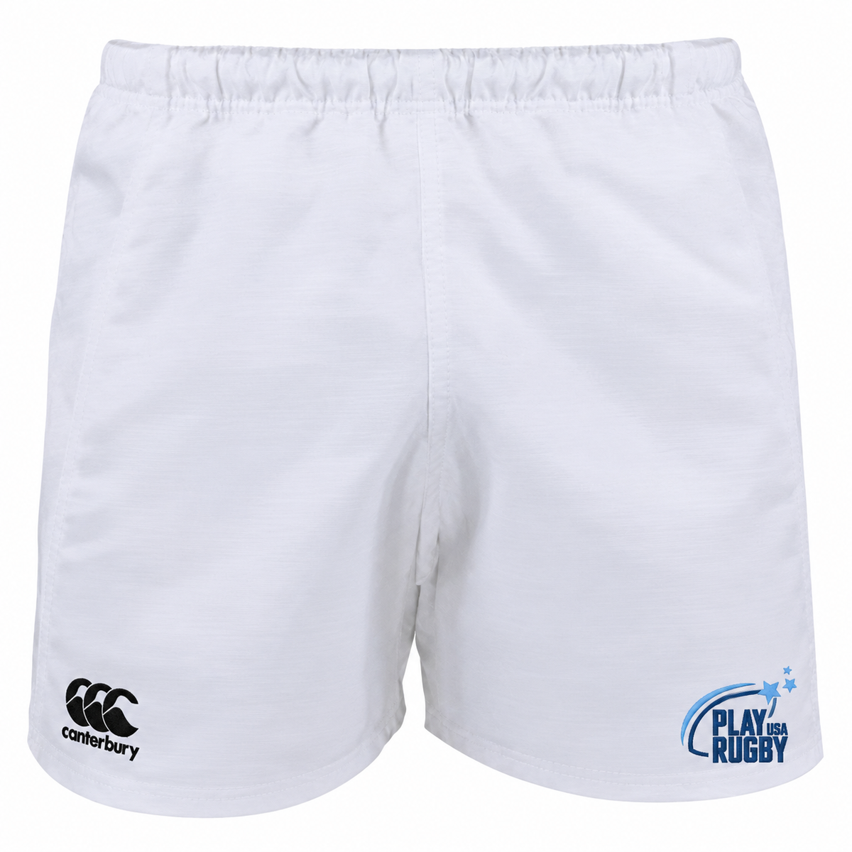 White Play Rugby USA Advantage Rugby Shorts by Canterbury featuring a black logo on the left hem and a Play Rugby USA graphic on the right hem.