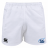 White Play Rugby USA Advantage Rugby Shorts by Canterbury featuring a black logo on the left hem and a Play Rugby USA graphic on the right hem.