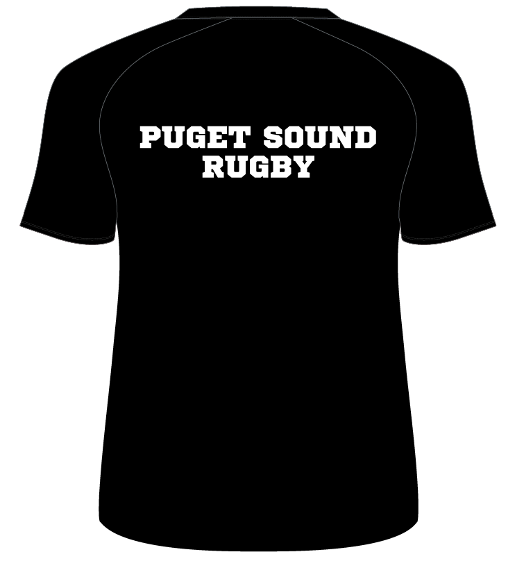 Black rugby shirt with "Puget Sound Rugby CCC" text in white on the back.