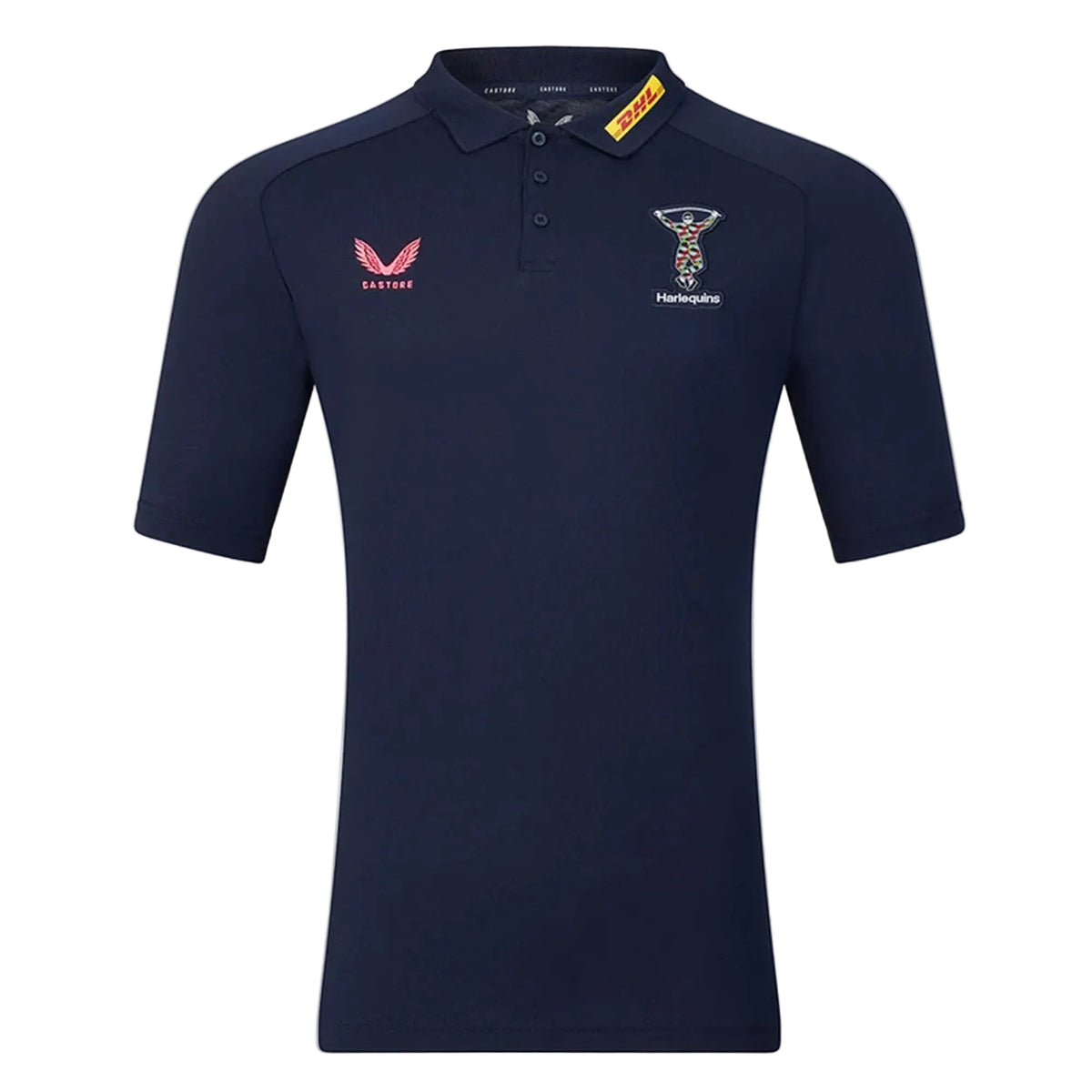 The Harlequins 26/27 Off Pitch Polo by Castore is a navy blue short-sleeve polo featuring the iconic Harlequins Rugby crest and sponsor logos on the chest and collar. Crafted by Castore for comfort and style, it’s the ideal choice for fans anticipating the Men’s 2026/27 Polo collection.