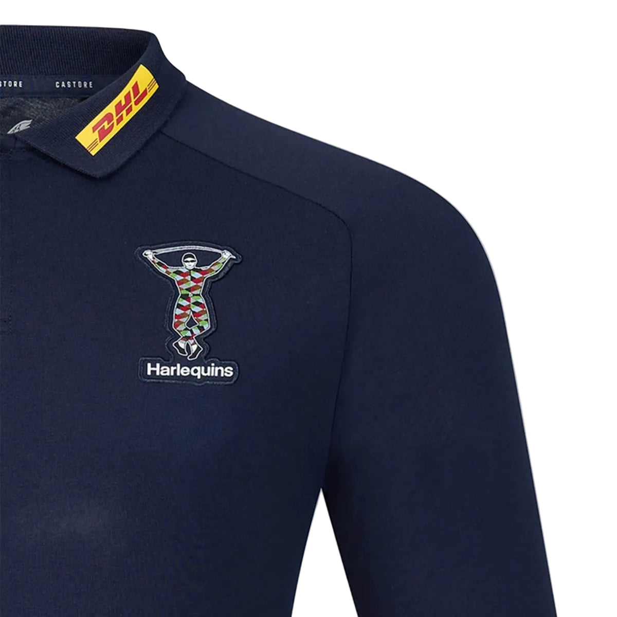 Show your support in style with the Harlequins 26/27 Off Pitch Polo by Castore. Featuring a navy blue collared design, an official Harlequins rugby logo on the chest, and a distinctive yellow DHL sponsor patch on the collar, this men’s polo is a must-have for any fan’s wardrobe. Crafted by Castore, it offers both comfort and contemporary style—making it the perfect Harlequins Travel Polo for supporters on the move.