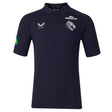 Experience the Leicester 26/27 Off Pitch Polo by Castore—a navy blue short-sleeve polo featuring sponsor and team logos on the chest and sleeve, a buttoned collar, and Castore’s signature rugby shirt style, perfect for showing your support off the pitch.