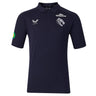 Experience the Leicester 26/27 Off Pitch Polo by Castore—a navy blue short-sleeve polo featuring sponsor and team logos on the chest and sleeve, a buttoned collar, and Castore’s signature rugby shirt style, perfect for showing your support off the pitch.