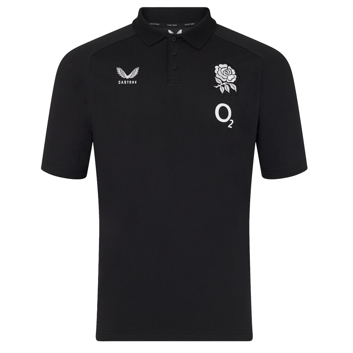 The England 26/27 Off-Pitch Polo by Castore is a black short-sleeve polo with a collar, featuring a white rose emblem, O2 logo, and Castore branding—perfect for showcasing your England Rugby style off the pitch.