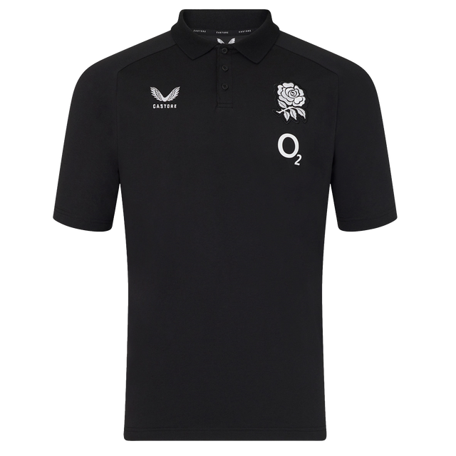 The England 26/27 Off-Pitch Polo by Castore is a black short-sleeve polo with a collar, featuring a white rose emblem, O2 logo, and Castore branding—perfect for showcasing your England Rugby style off the pitch.