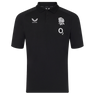 The England 26/27 Off-Pitch Polo by Castore is a black short-sleeve polo with a collar, featuring a white rose emblem, O2 logo, and Castore branding—perfect for showcasing your England Rugby style off the pitch.