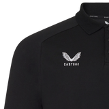 Close-up of the England 26/27 Off-Pitch Polo by Castore, featuring a black design with white Castore logo and brand name on the left chest, plus a three-button placket and collar—ideal for versatile off-pitch style.