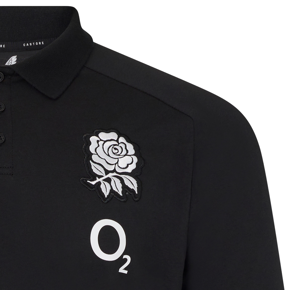 The England 26/27 Off-Pitch Polo by Castore features a stylish design with a white rose emblem and "O₂" logo on the chest—perfect for England Rugby fans looking for smart off-pitch attire.