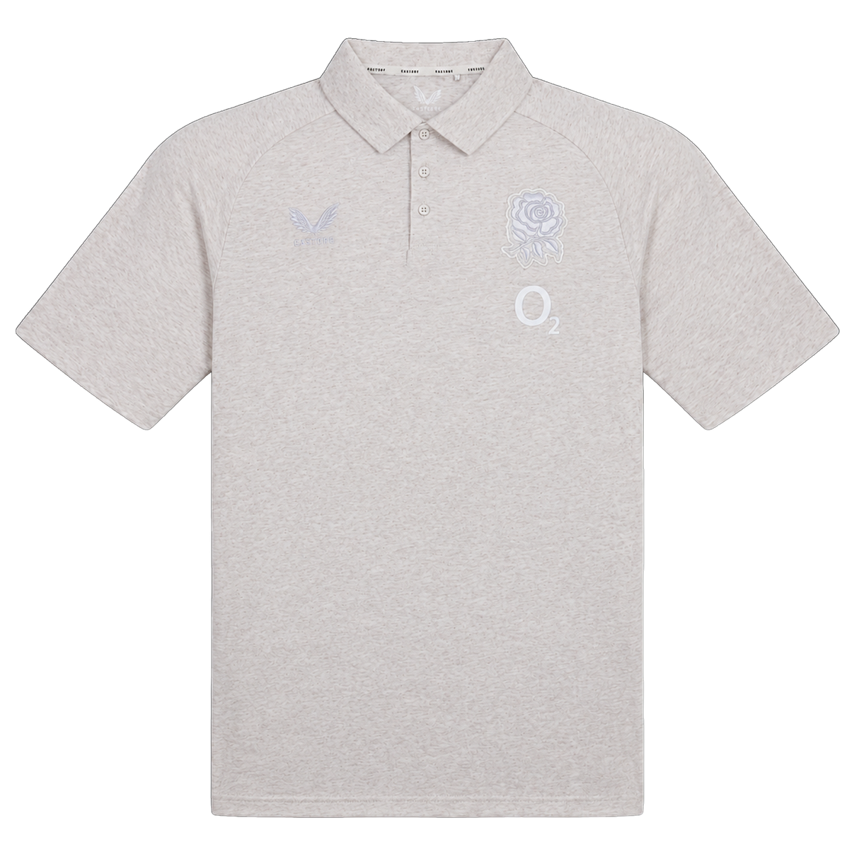 The England 26/27 Off-Pitch Polo by Castore features a light grey design with short sleeves, a collar, three buttons, and white embroidered logos—a rose, "O2," and stylized bird—ideal for an off-pitch England Rugby look.