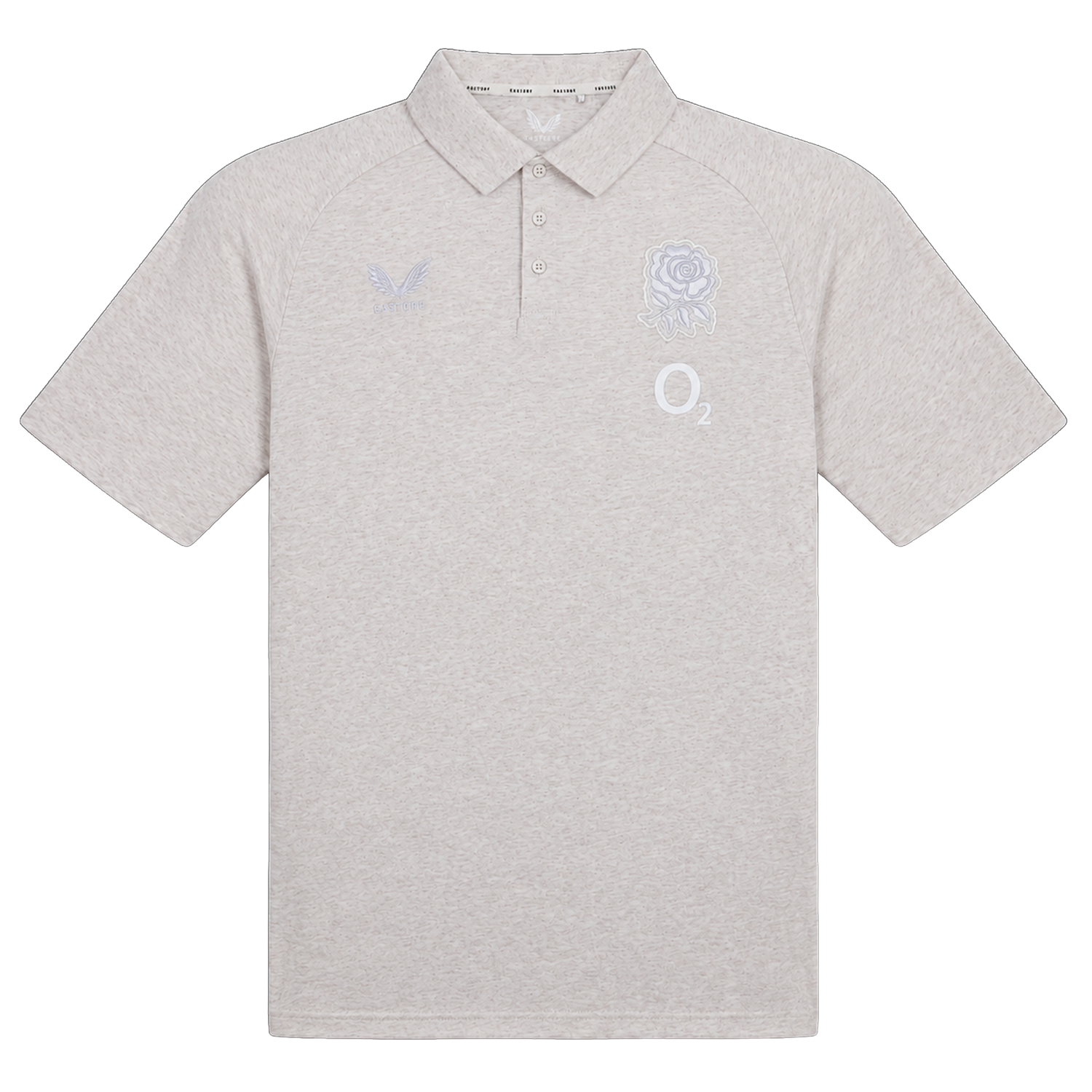 The England 26/27 Off-Pitch Polo by Castore features a light grey design with short sleeves, a collar, three buttons, and white embroidered logos—a rose, "O2," and stylized bird—ideal for an off-pitch England Rugby look.