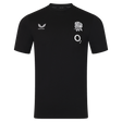 The England 26/27 Off-Pitch Tee by Castore is a black short-sleeve t-shirt with a white rose emblem, O2 sponsor logo, and Castore branding—ideal for any England Rugby supporter off the pitch.