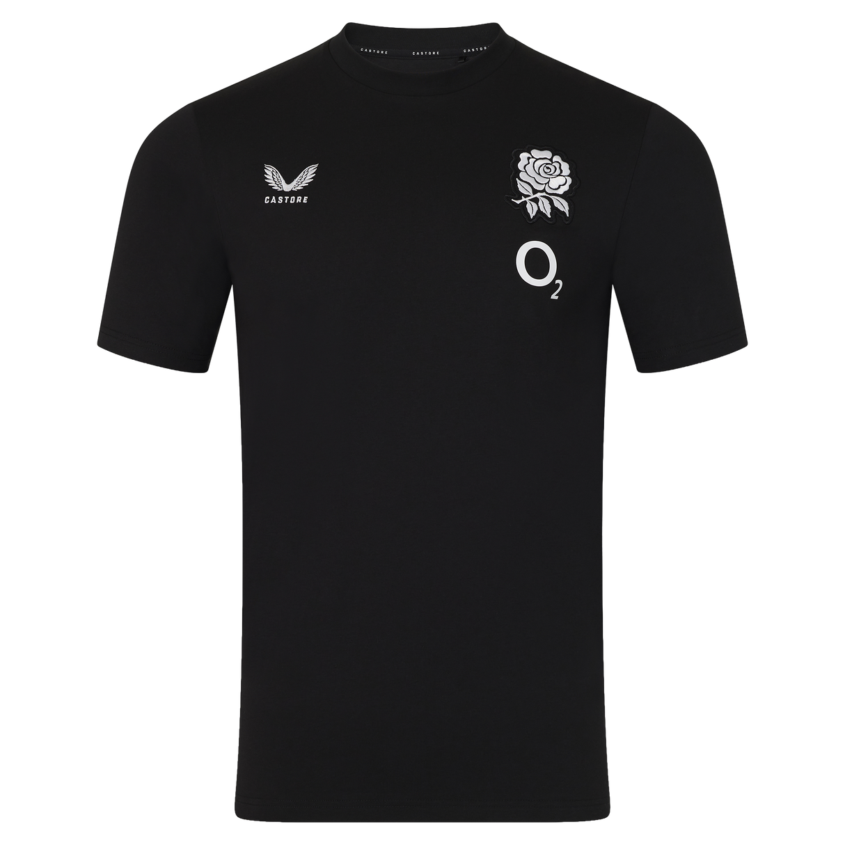 The England 26/27 Off-Pitch Tee by Castore is a black short-sleeve t-shirt with a white rose emblem, O2 sponsor logo, and Castore branding—ideal for any England Rugby supporter off the pitch.